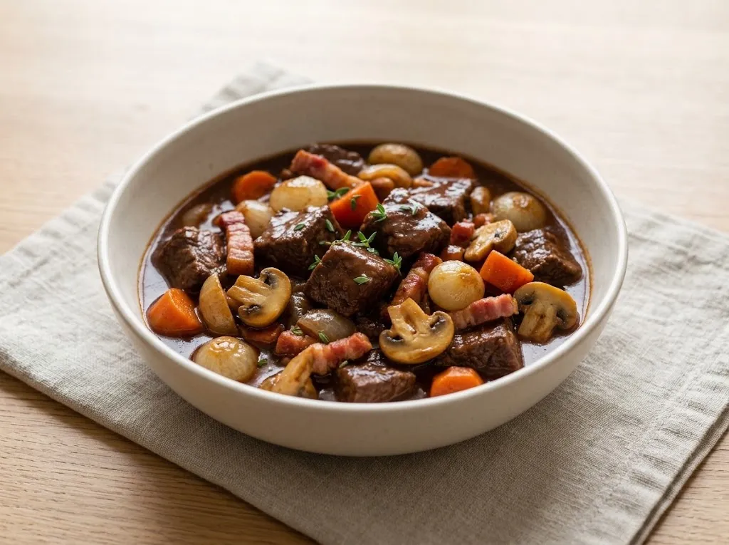 Беф бургиньон с кубиками говядины, беконом, шампиньонами, луковками и морковью в тёмном соусе в светлой миске на льняной салфетке