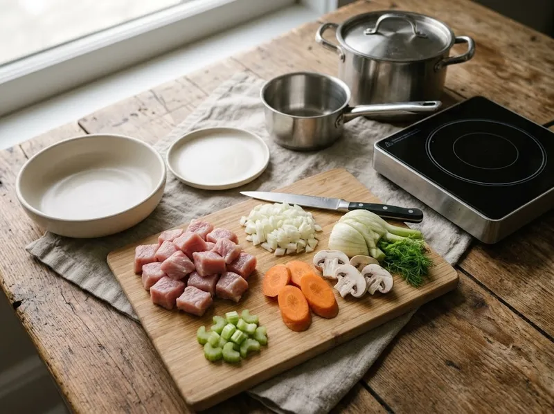 Нарежьте мясо и овощи