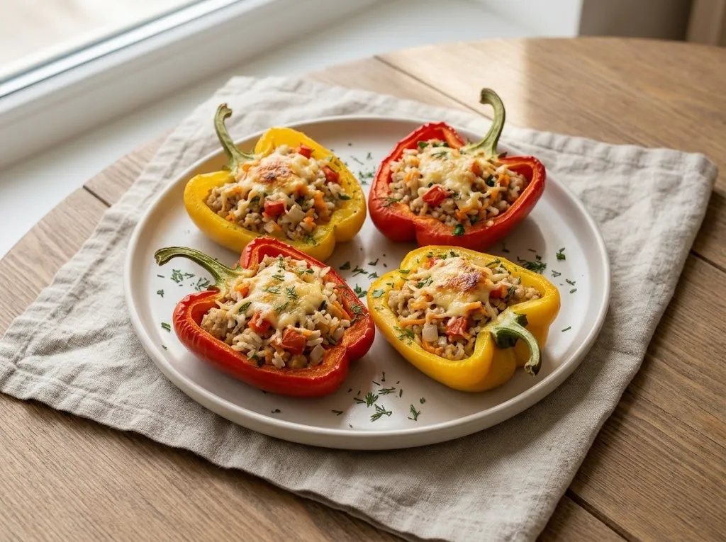 Четыре фаршированные половинки красного и жёлтого перца с мясом и рисом под расплавленной сырной корочкой, на светлой тарелке с рубленой зеленью