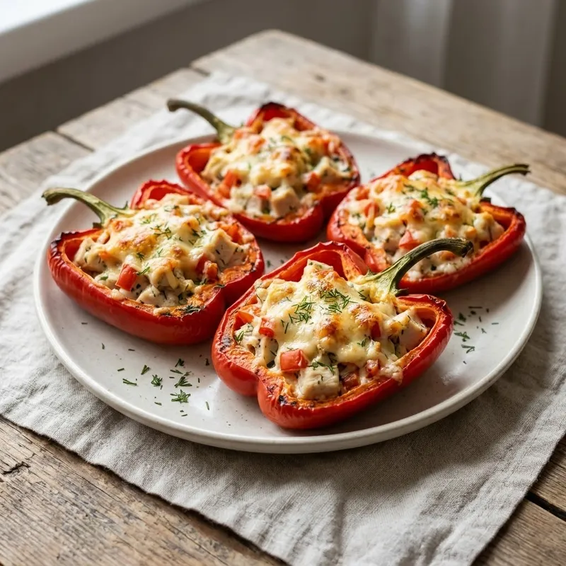 Четыре половинки запечённого сладкого перца с курицей, помидором и укропом под румяной сырной корочкой на светлой тарелке на льняной салфетке