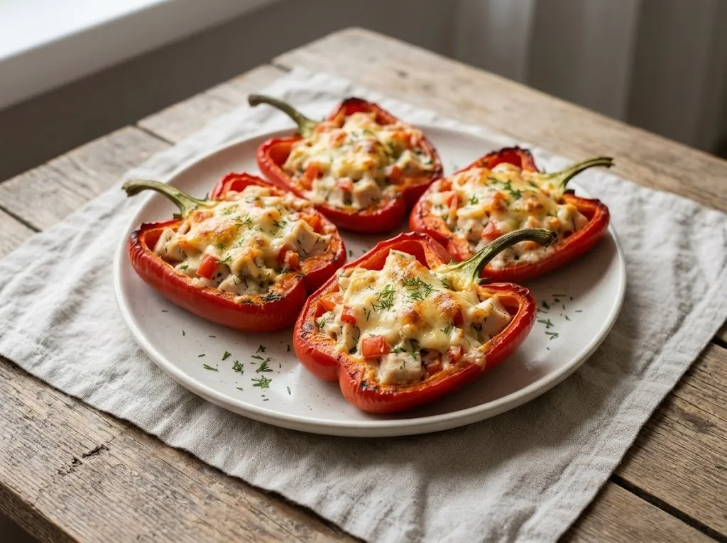 Четыре половинки запечённого сладкого перца с курицей, помидором и укропом под румяной сырной корочкой на светлой тарелке на льняной салфетке