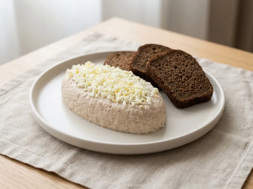 Форшмак из сельди овалом, посыпанный тёртым яичным белком, на белой плоской тарелке с тремя ломтиками ржаного хлеба