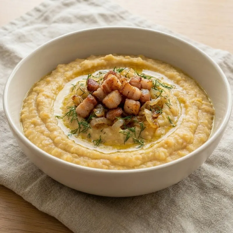 Гороховая каша со шкварками, жареным луком, укропом и кусочком масла в светлой керамической миске на льняной салфетке