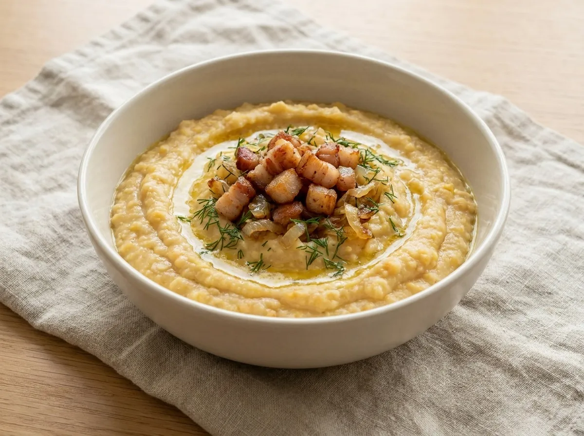 Гороховая каша со шкварками, жареным луком, укропом и кусочком масла в светлой керамической миске на льняной салфетке