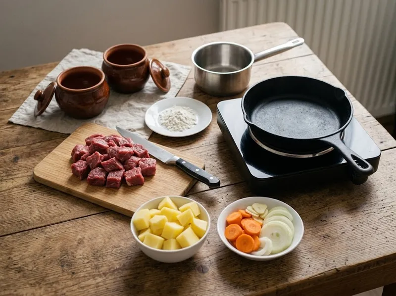 Нарежьте мясо и овощи