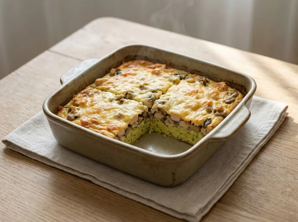 Кабачковая запеканка с курицей, шампиньонами и сырной корочкой в керамической форме
