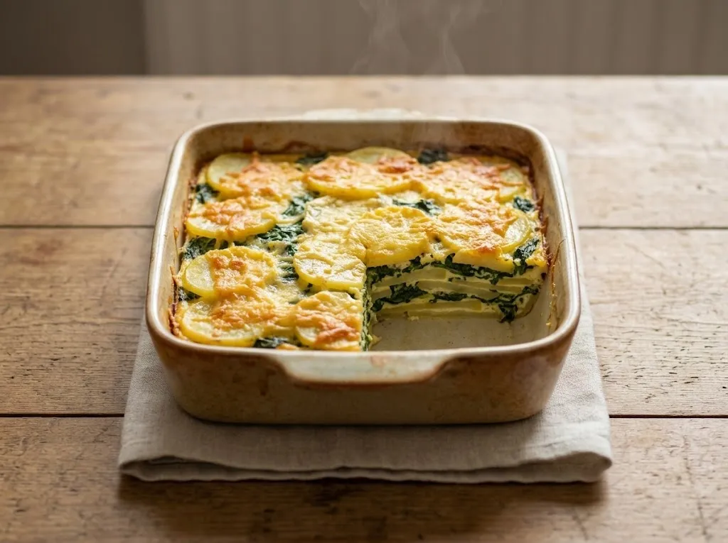 Картофельная запеканка со шпинатом и сырной корочкой в керамической форме, видны слои