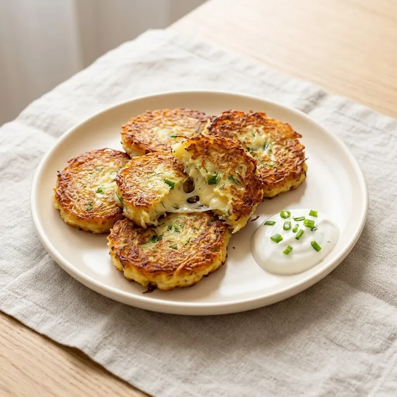 Картофельные оладьи с сыром и зеленью со сметаной