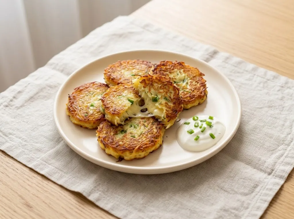 Картофельные оладьи с сыром и зеленью со сметаной