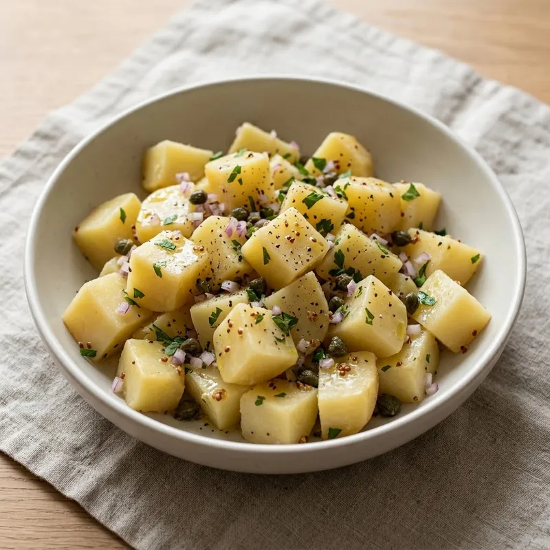 Тёплый картофельный салат с каперсами, мелко рубленным красным луком и петрушкой в светлой керамической миске на льняной салфетке