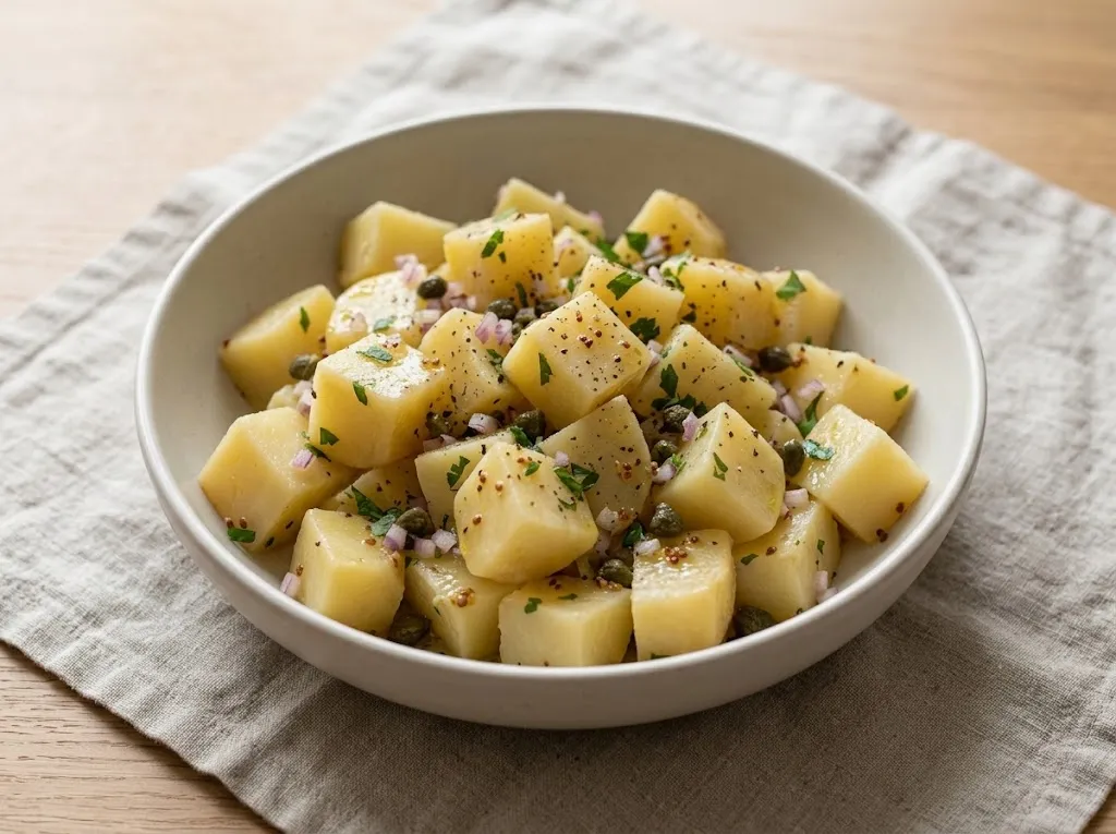 Тёплый картофельный салат с каперсами, мелко рубленным красным луком и петрушкой в светлой керамической миске на льняной салфетке