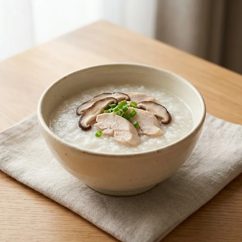 Конджи: густая рисовая каша с курицей и шиитаке в миске, посыпанная зелёным луком