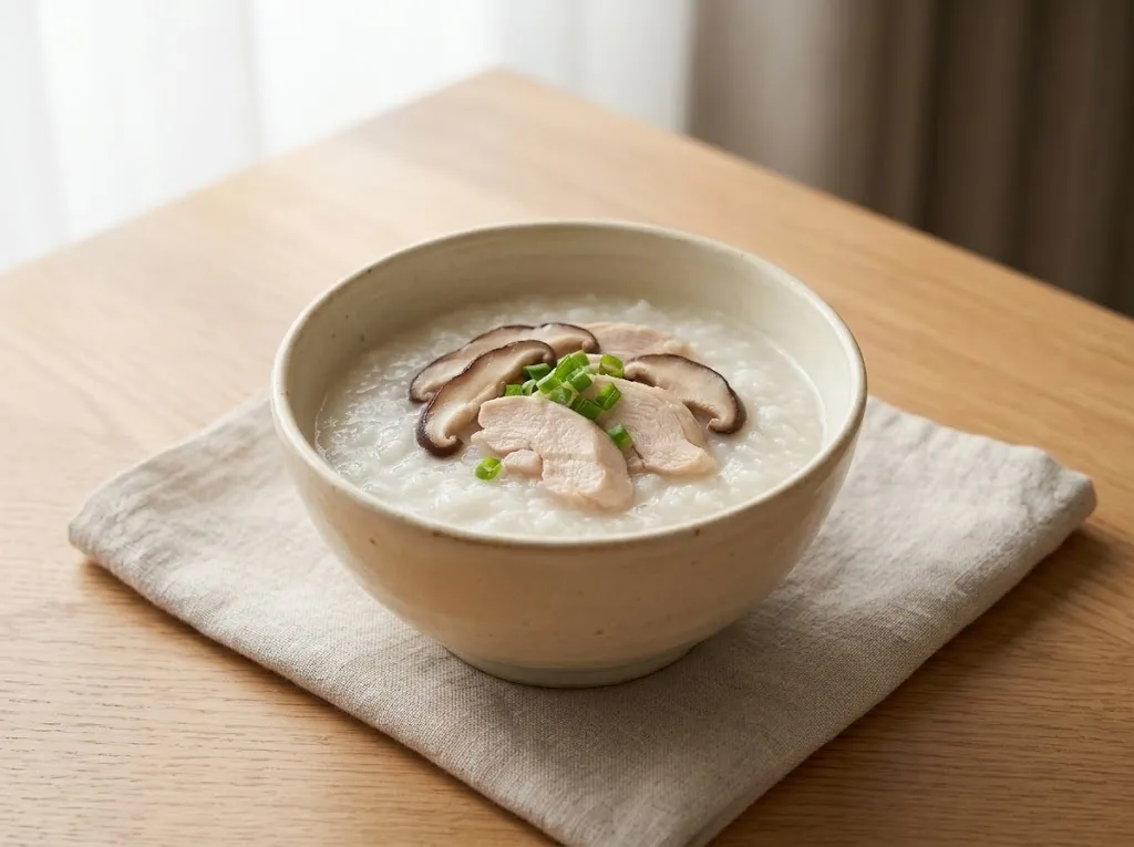 Конджи: густая рисовая каша с курицей и шиитаке в миске, посыпанная зелёным луком
