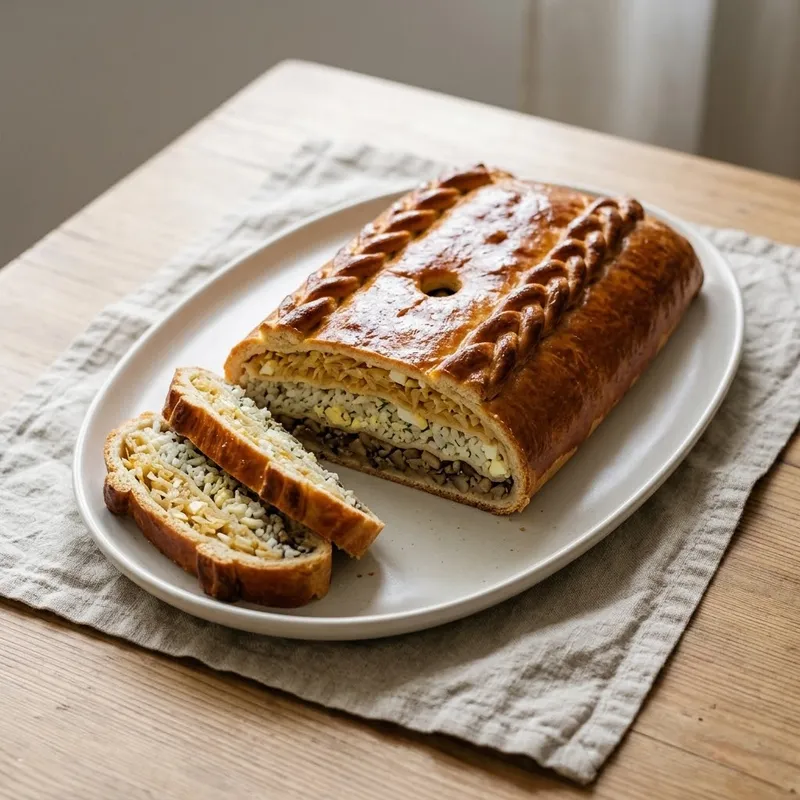 Румяная кулебяка с плетёной косичкой на светлом овальном блюде и два отрезанных куска, на срезе видны слои грибов, риса с яйцом и капусты