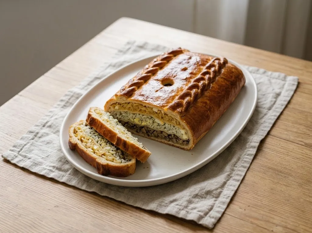 Румяная кулебяка с плетёной косичкой на светлом овальном блюде и два отрезанных куска, на срезе видны слои грибов, риса с яйцом и капусты