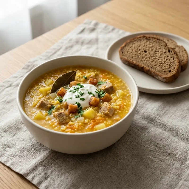 Казачий кулеш с салом, мясом и картошкой в глубокой светлой миске со сметаной и шкварками, рядом два ломтя ржаного хлеба на льняной салфетке