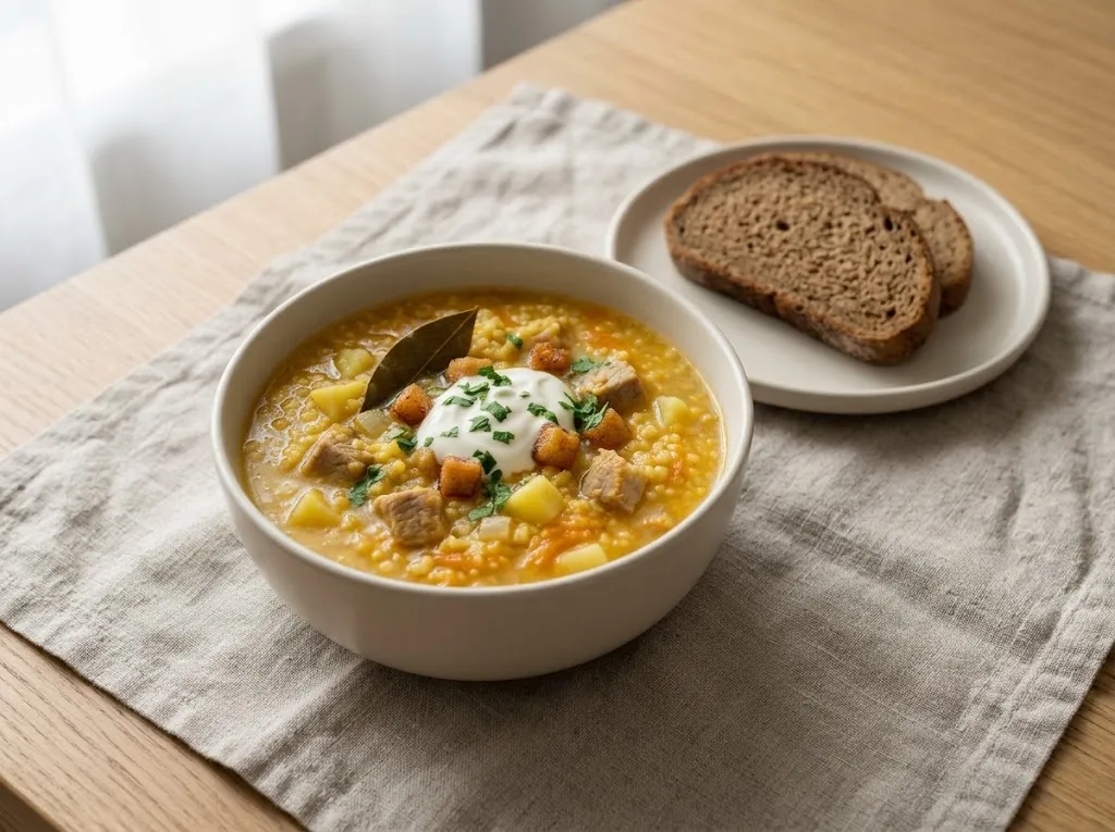 Казачий кулеш с салом, мясом и картошкой в глубокой светлой миске со сметаной и шкварками, рядом два ломтя ржаного хлеба на льняной салфетке