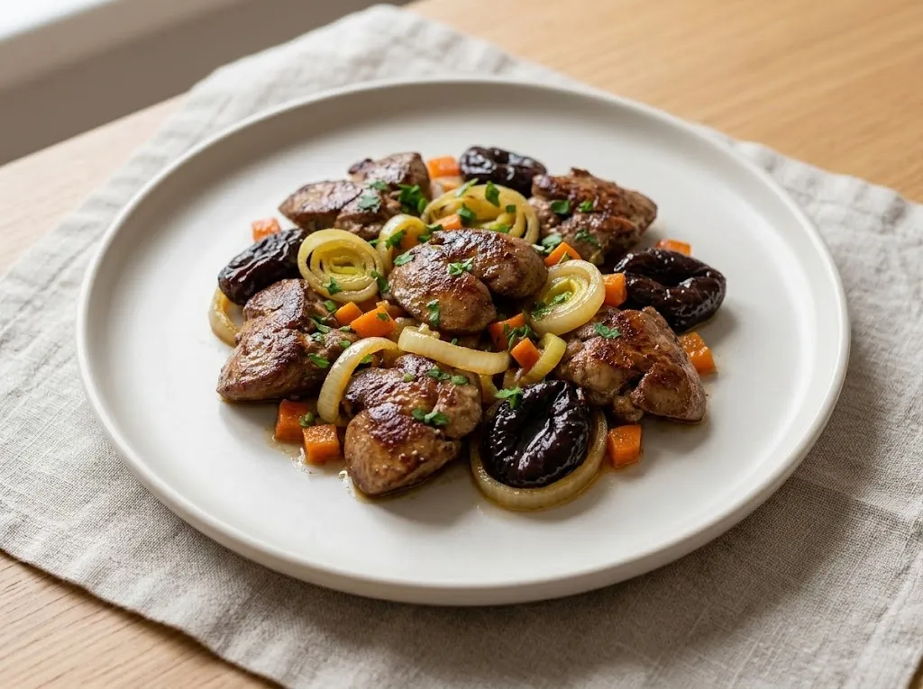 Жареная куриная печень с луком, кольцами порея, кубиками моркови и черносливом на светлой тарелке, посыпана петрушкой