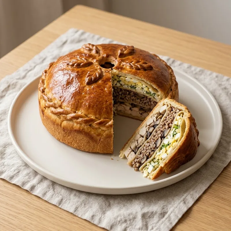 Высокий золотистый курник с куполом и тестовыми листьями на светлом керамическом блюде; рядом лежит вырезанный кусок, на срезе видны слои курицы, грибов, гречки и яиц с зеленью, проложенные блинами