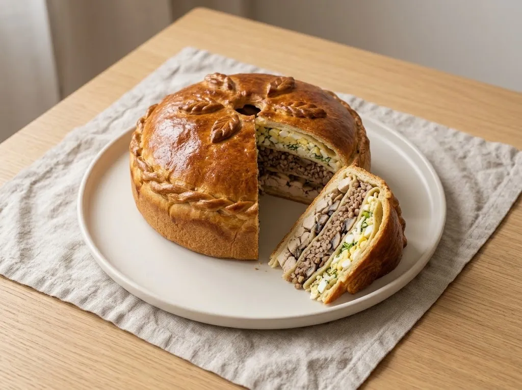Высокий золотистый курник с куполом и тестовыми листьями на светлом керамическом блюде; рядом лежит вырезанный кусок, на срезе видны слои курицы, грибов, гречки и яиц с зеленью, проложенные блинами