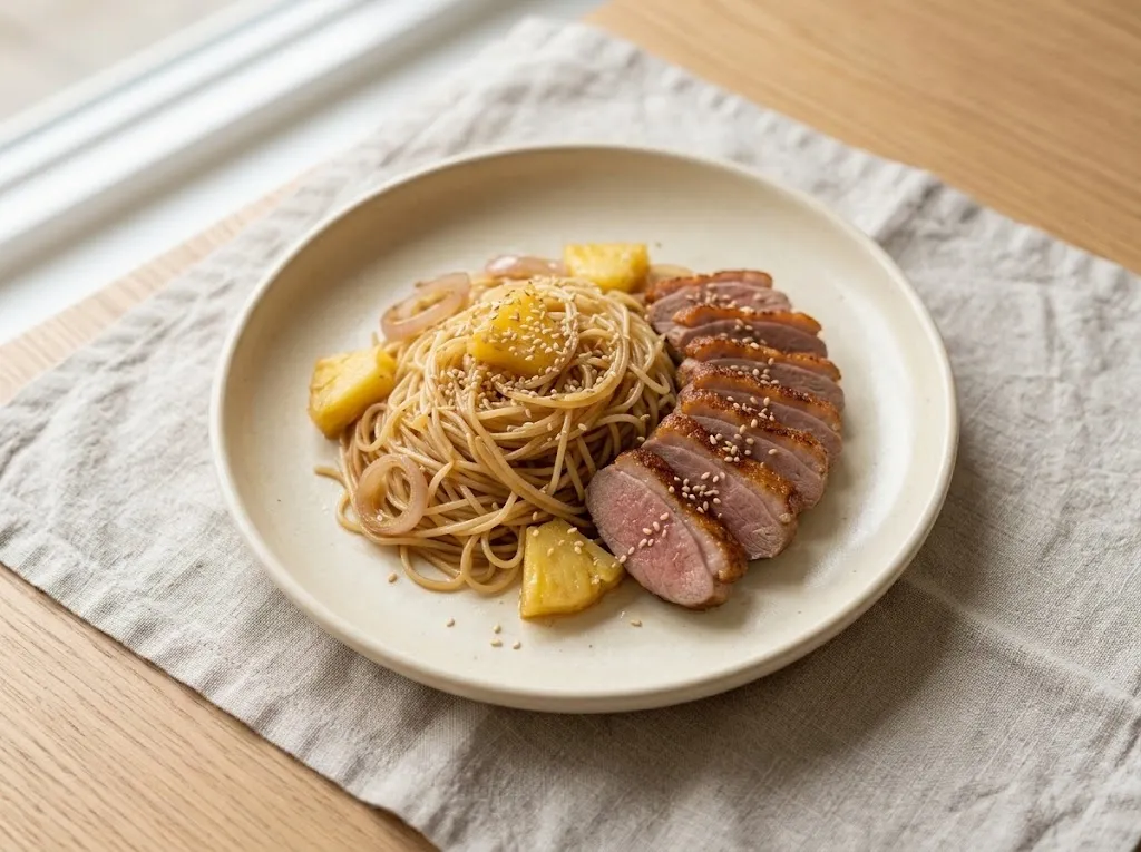Рисовая лапша с ананасом и ломтиками утиной грудки, посыпанная кунжутом