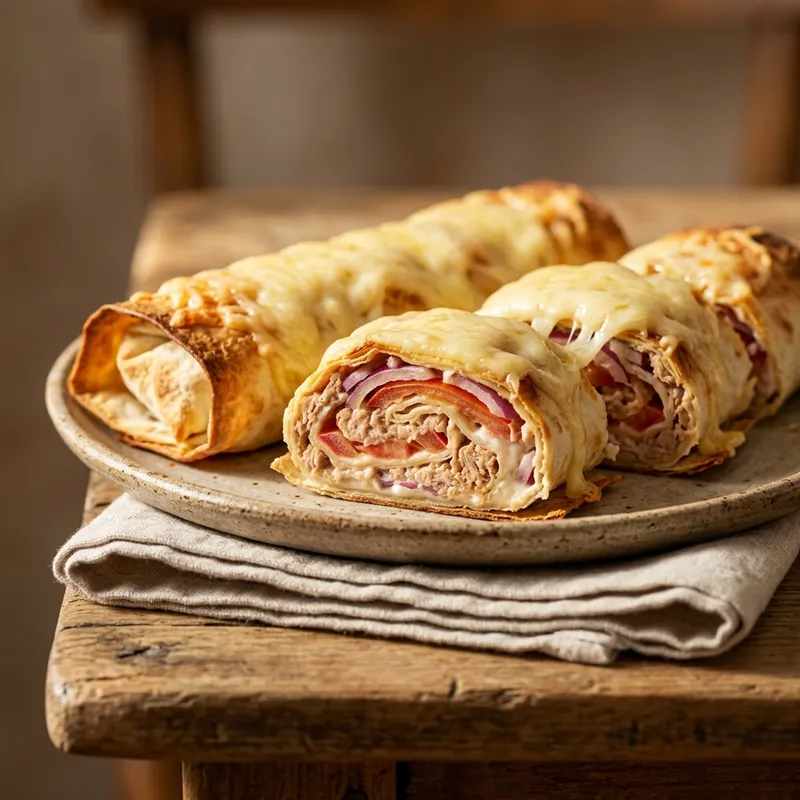 Рулет из лаваша с тунцом, нарезанный порционными кусочками