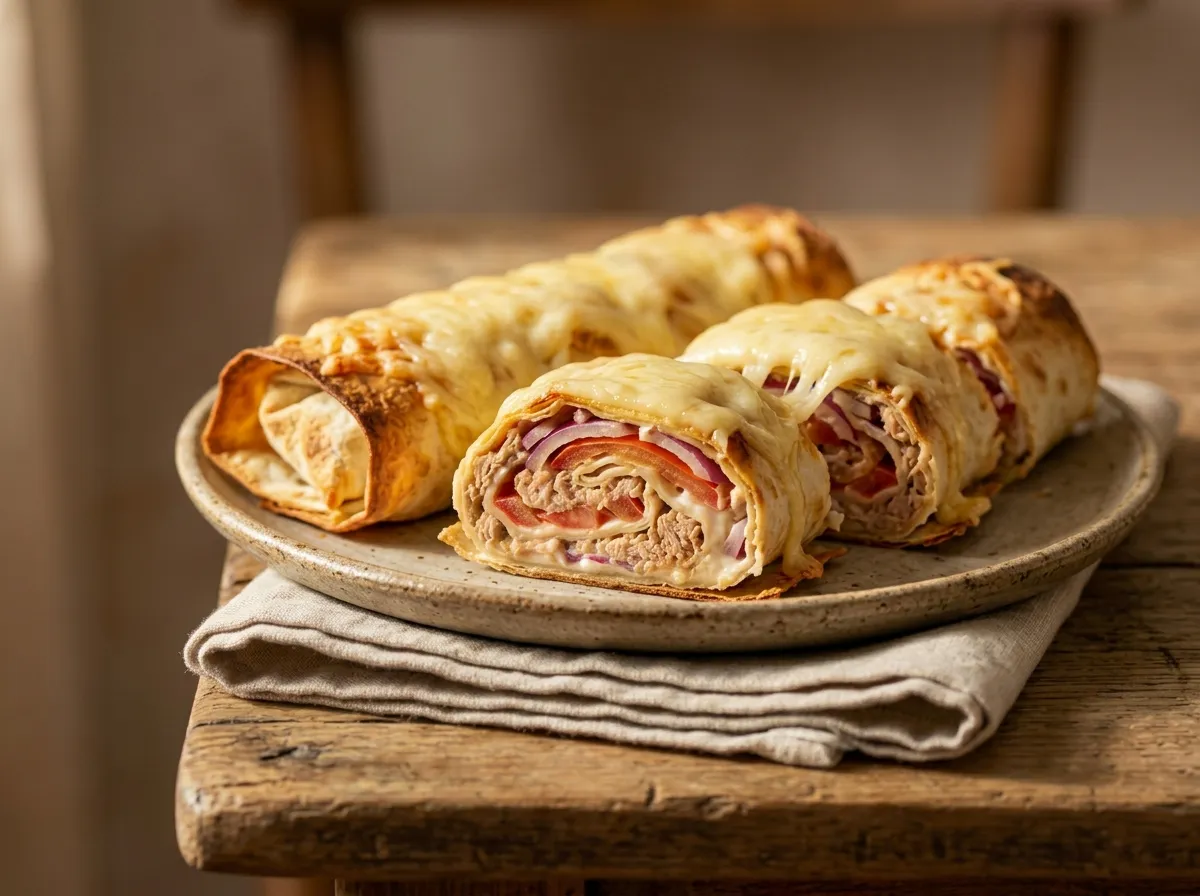 Рулет из лаваша с тунцом, нарезанный порционными кусочками
