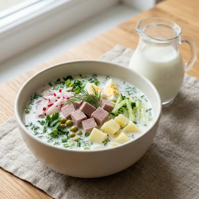 Окрошка на кефире с говядиной в глубокой светлой миске: кубики мяса, картофеля и яйца, соломка редиса и огурца, зелень и горошек, рядом стеклянный кувшин с кефиром