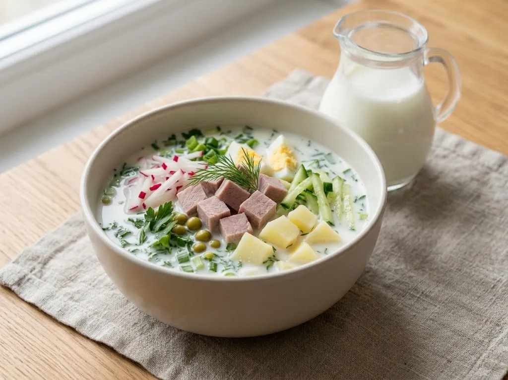 Окрошка на кефире с говядиной в глубокой светлой миске: кубики мяса, картофеля и яйца, соломка редиса и огурца, зелень и горошек, рядом стеклянный кувшин с кефиром