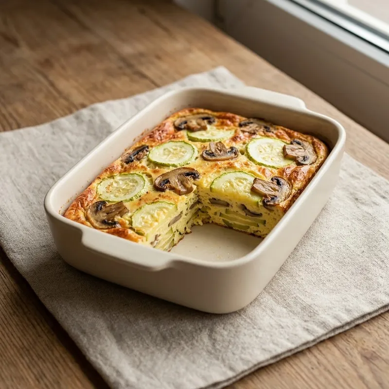 Запечённый омлет с кабачком и шампиньонами в керамической форме