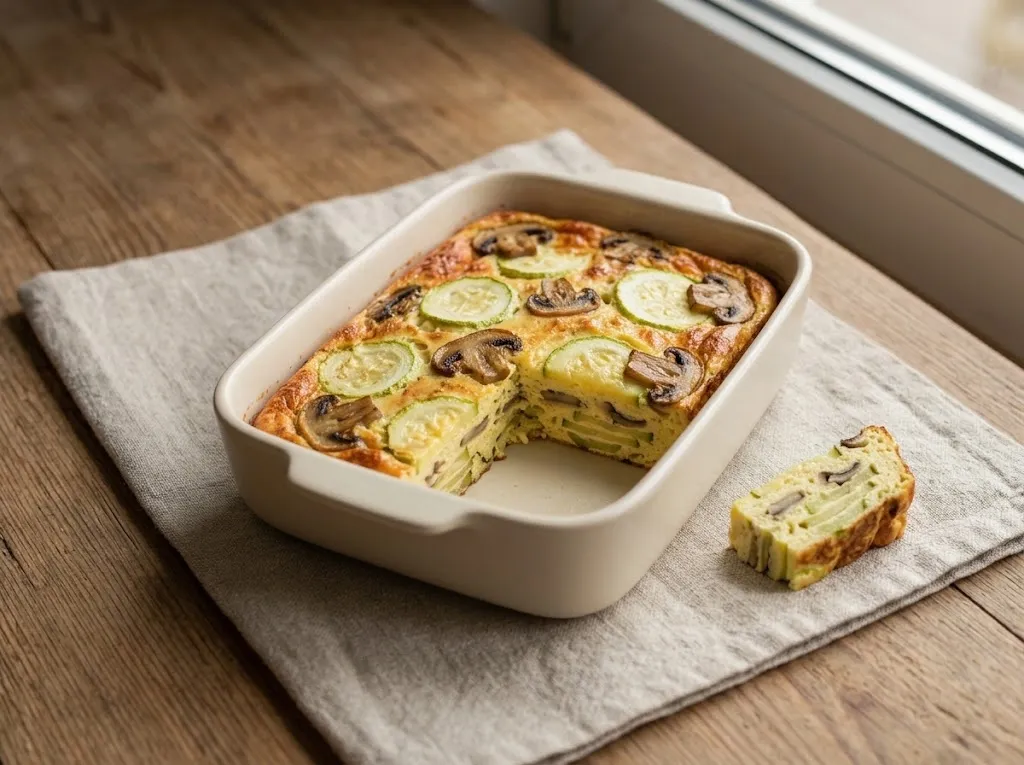 Запечённый омлет с кабачком и шампиньонами в керамической форме