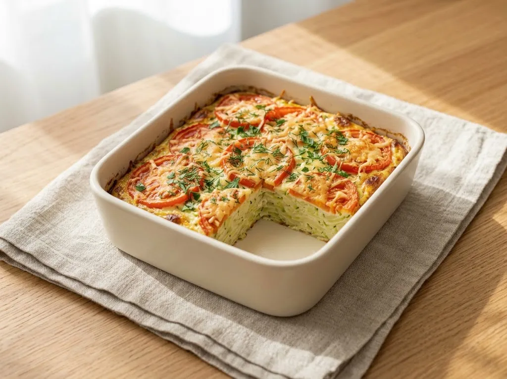 Овощная запеканка из кабачка и картофеля с помидорами под сырной корочкой