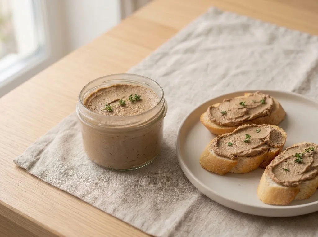 Паштет из куриной печени в стеклянной банке и три тоста из багета с паштетом и тимьяном на светлой тарелке