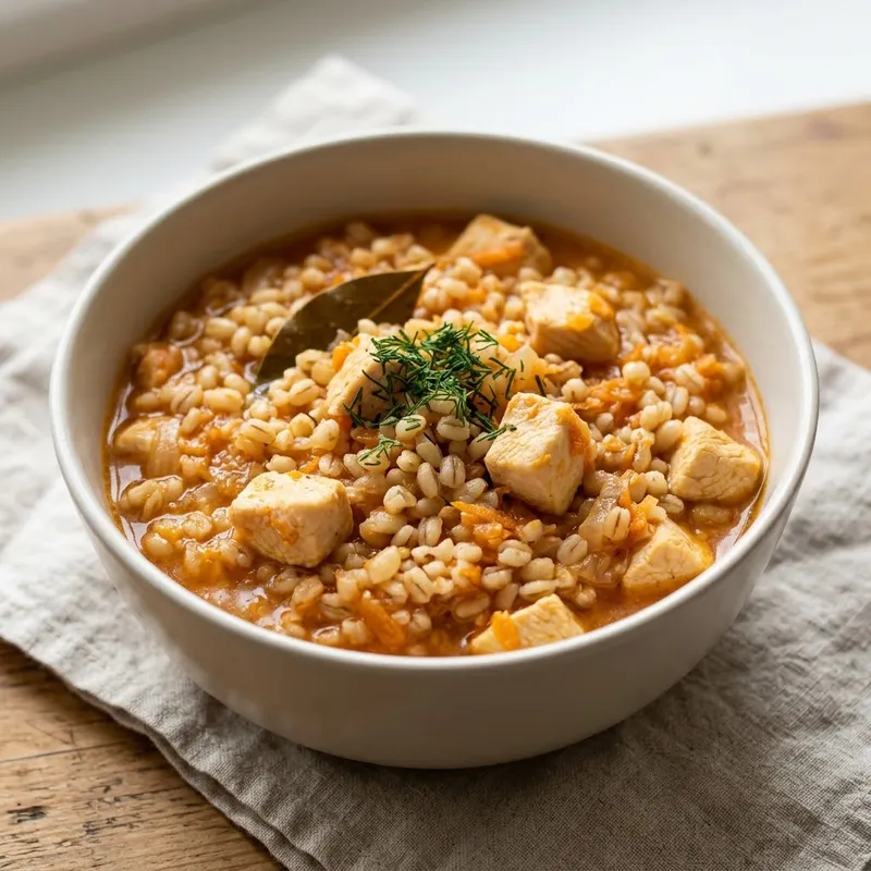 Перловая каша с мясом: кубики курицы, тёртая морковь, лавровый лист и веточка укропа в белой глубокой миске на льняной салфетке