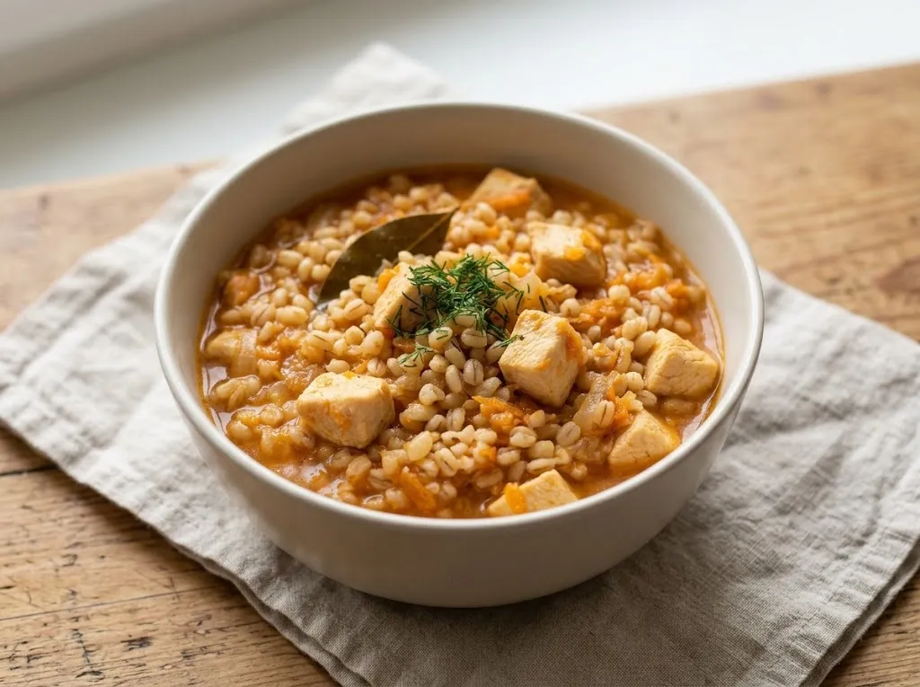 Перловая каша с мясом: кубики курицы, тёртая морковь, лавровый лист и веточка укропа в белой глубокой миске на льняной салфетке