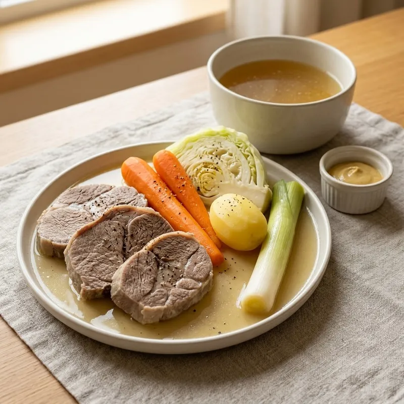 Потофе из говядины: ломти мяса, целые морковь, картофелина, четвертинка капусты и порей на светлом блюде, рядом пиала бульона и горчица