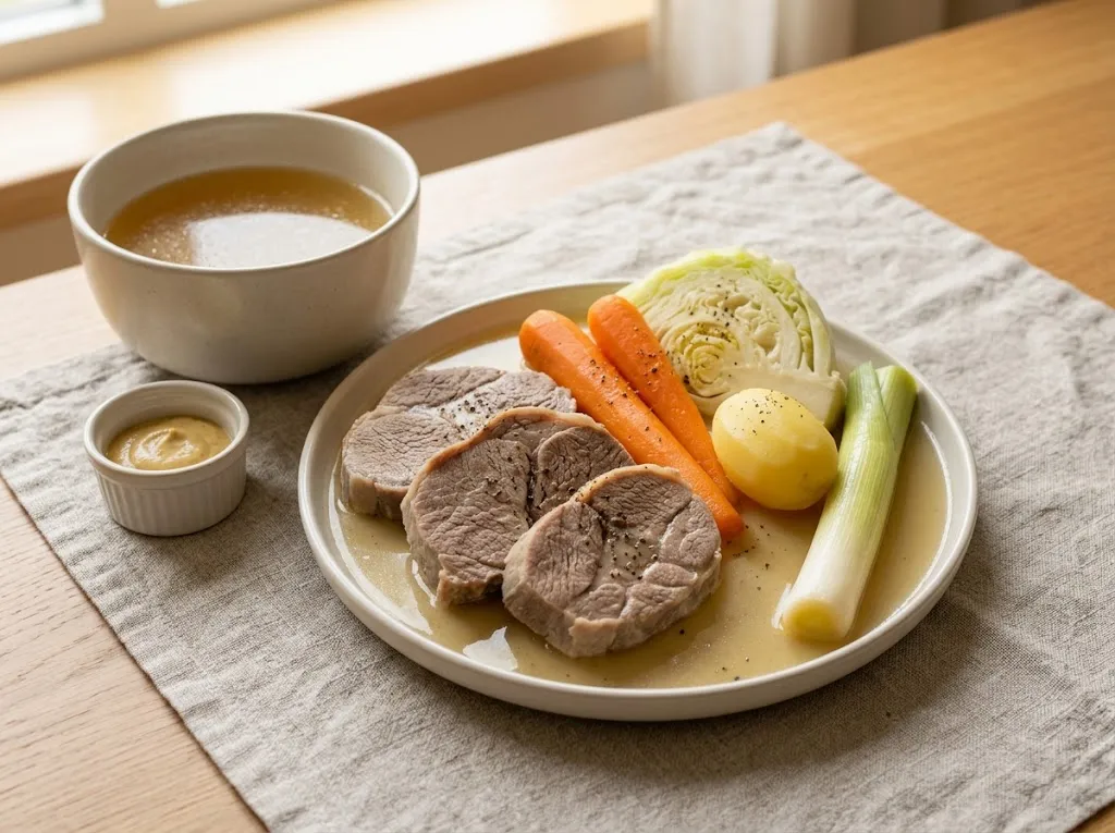 Потофе из говядины: ломти мяса, целые морковь, картофелина, четвертинка капусты и порей на светлом блюде, рядом пиала бульона и горчица