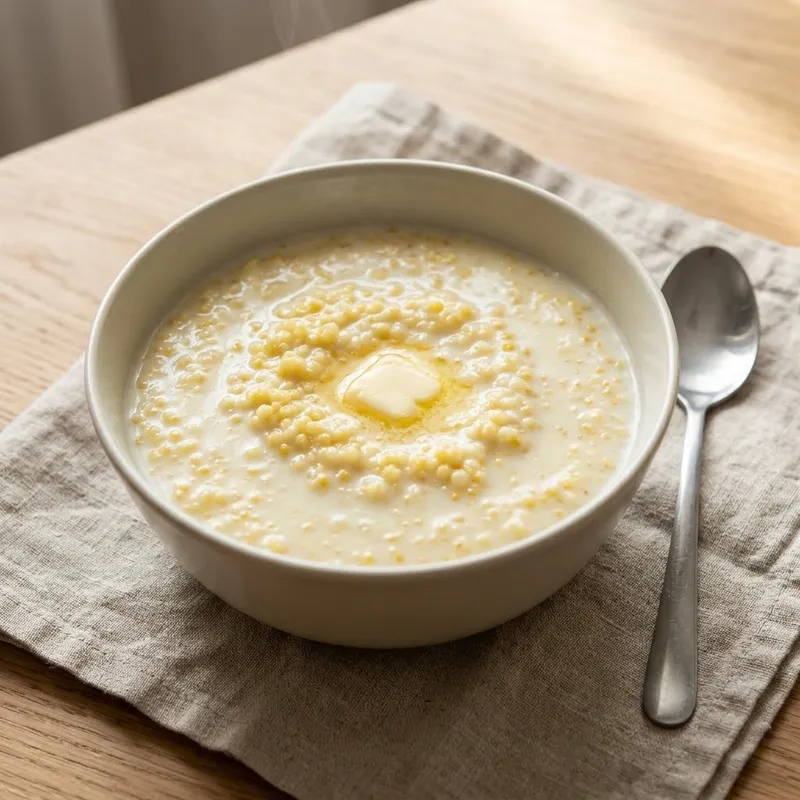 Пшённая каша на молоке в глубокой светлой керамической миске: кремовая густая каша с кусочком тающего сливочного масла, рядом металлическая ложка на льняной салфетке на деревянном столе