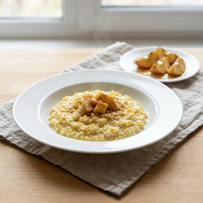 Пшённая каша на молоке с дольками печёного яблока и корицей в белой тарелке, рядом — блюдце с запечёнными яблоками