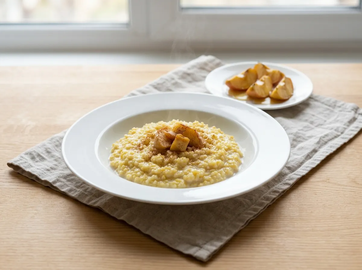 Пшённая каша на молоке с дольками печёного яблока и корицей в белой тарелке, рядом — блюдце с запечёнными яблоками