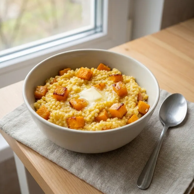 Пшённая каша с запечёнными кубиками тыквы и кусочком сливочного масла в глубокой светлой керамической миске, рядом металлическая ложка на льняной салфетке