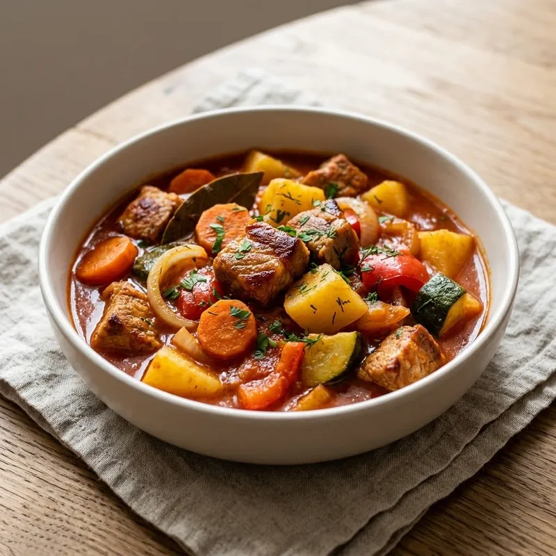 Рагу из свинины с картофелем, морковью, кабачком и болгарским перцем в густом томатном соусе, посыпанное зеленью, в глубокой светлой миске на льняной салфетке