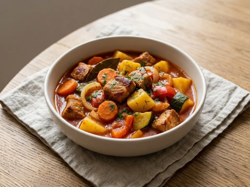 Рагу из свинины с картофелем, морковью, кабачком и болгарским перцем в густом томатном соусе, посыпанное зеленью, в глубокой светлой миске на льняной салфетке