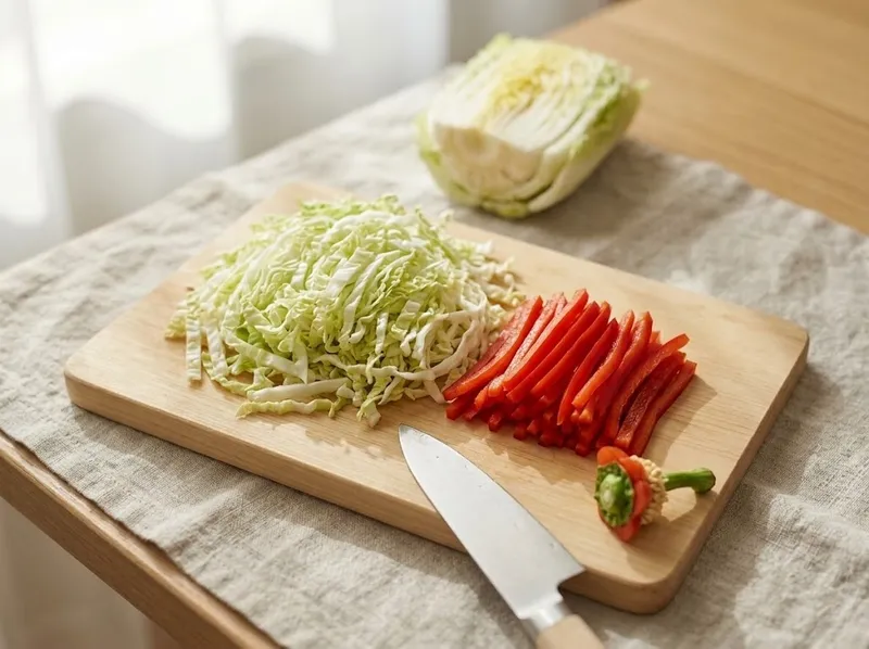 Нашинкуйте капусту и перец