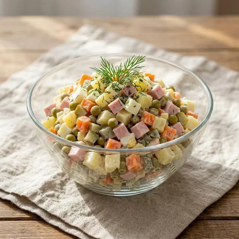 Классический салат оливье с колбасой, солёными огурцами и горошком из мелких кубиков в стеклянном салатнике, сверху веточка укропа, салатник стоит на льняной салфетке на деревянном столе