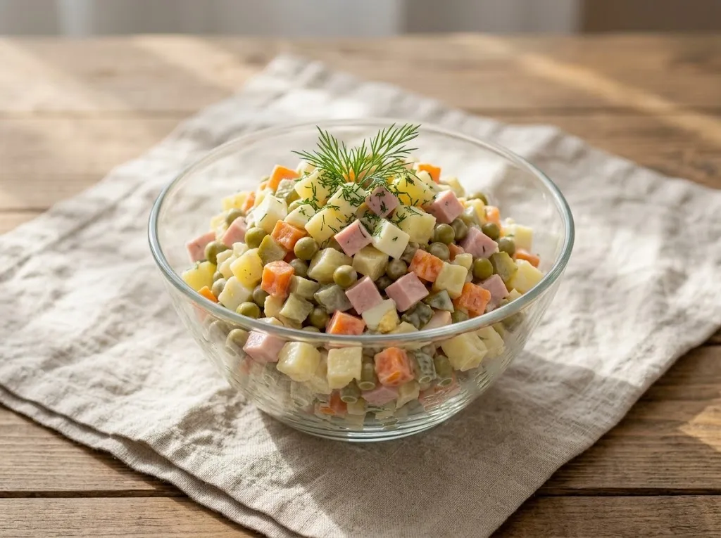 Классический салат оливье с колбасой, солёными огурцами и горошком из мелких кубиков в стеклянном салатнике, сверху веточка укропа, салатник стоит на льняной салфетке на деревянном столе