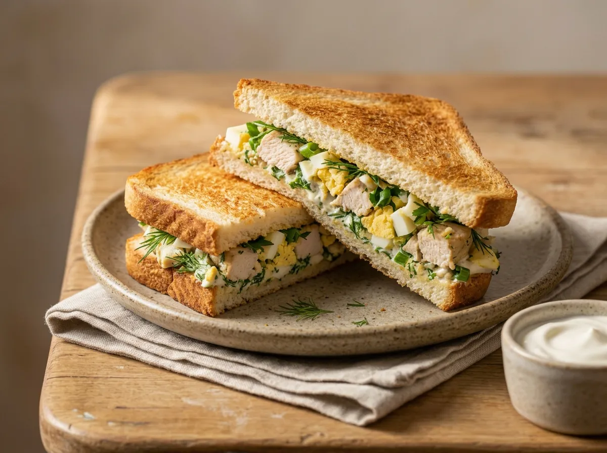 Классический сэндвич с курицей, яйцом и йогуртом на хрустящем тосте