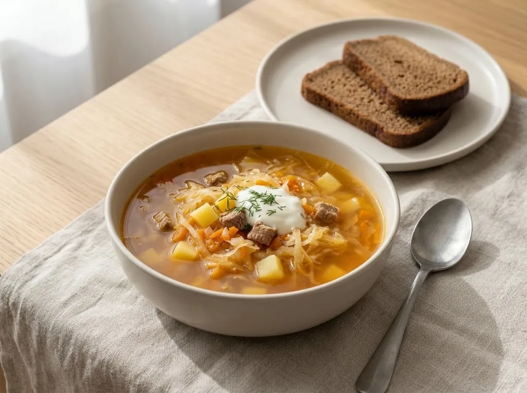 Щи из квашеной капусты с мясом, картофелем и морковью в светлой глубокой миске, со сметаной и укропом сверху; рядом тарелка с двумя ломтиками ржаного хлеба и ложка на льняной салфетке