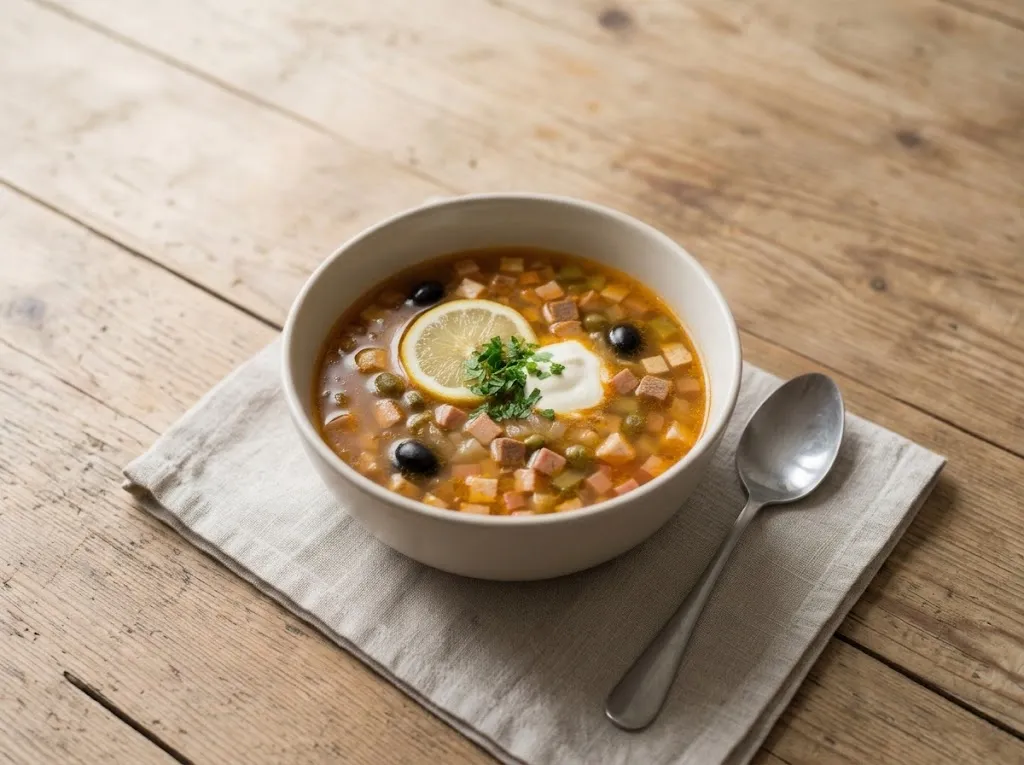 Мясная солянка с кубиками колбасы и ветчины, оливками и каперсами в светлой глубокой миске, сверху ломтик лимона, сметана и рубленая петрушка
