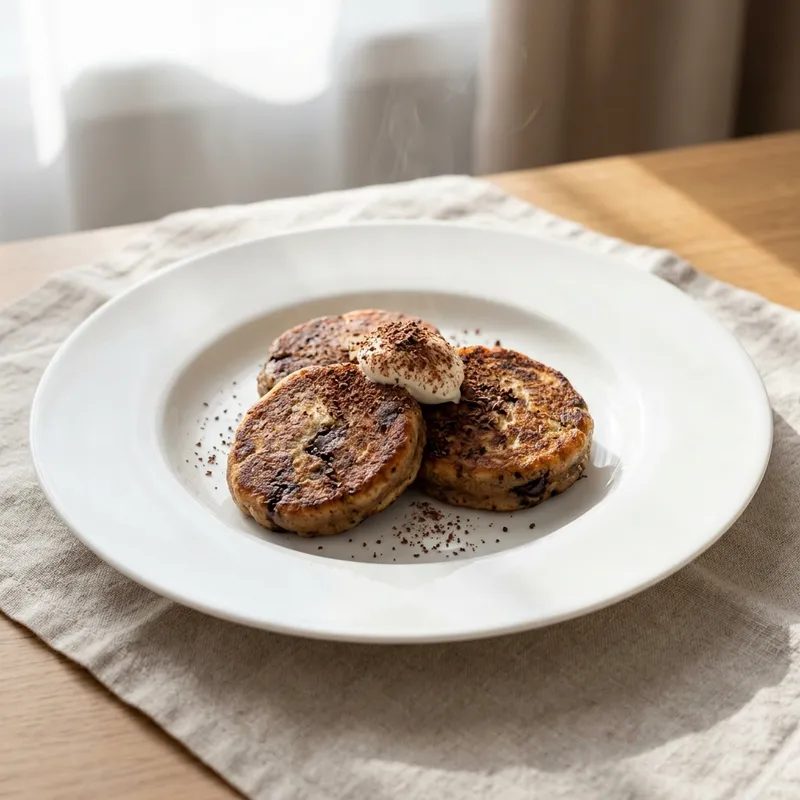 Кофейные сырники с кусочками тёмного шоколада, маскарпоне и какао на белой тарелке